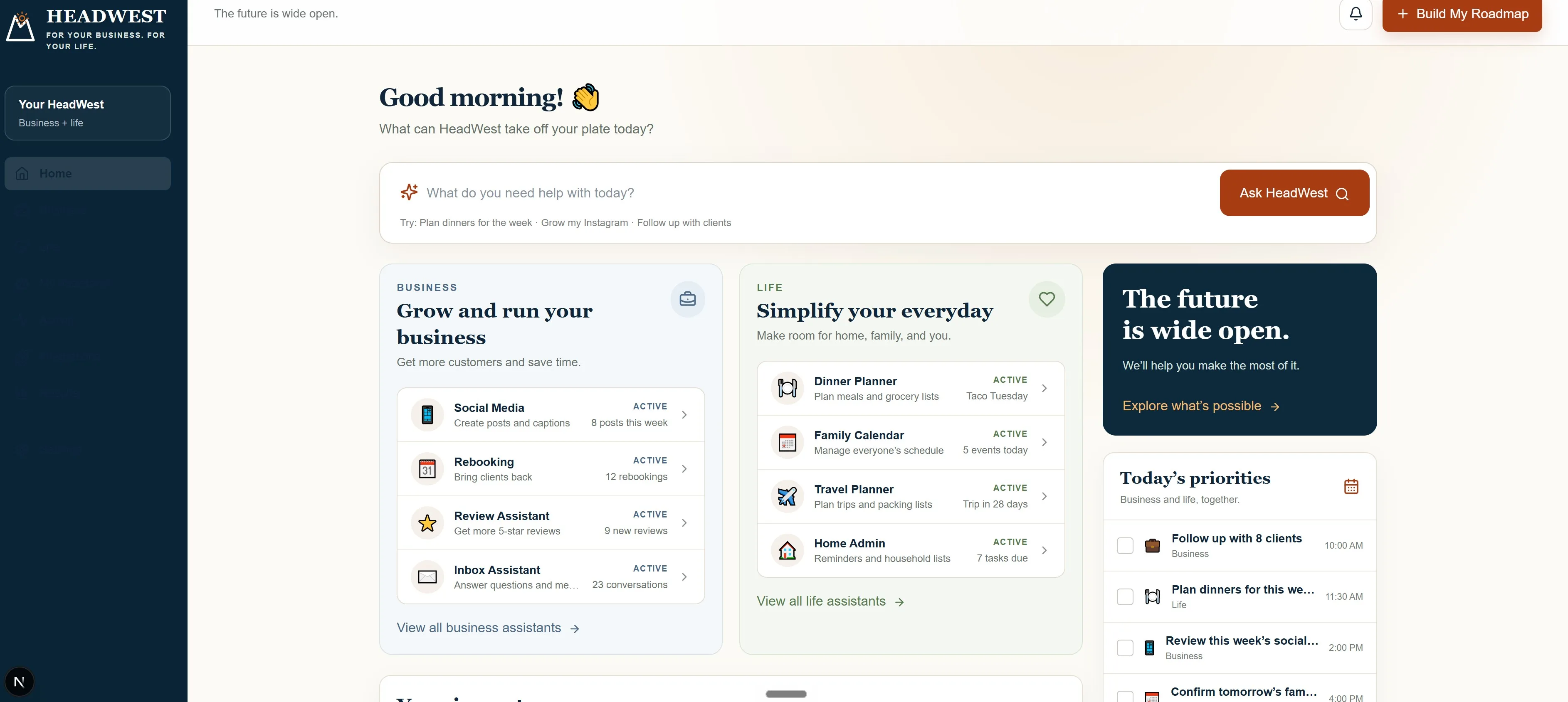 HeadWest dashboard showing business and life priorities together